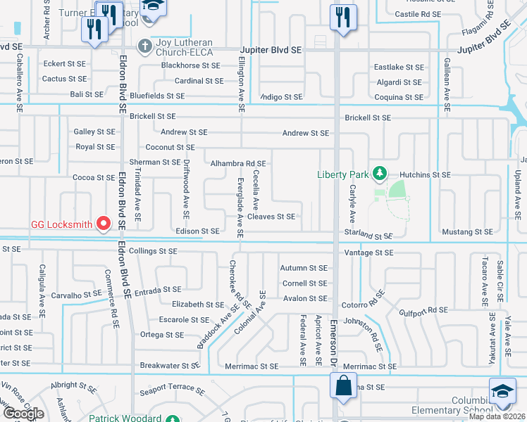 map of restaurants, bars, coffee shops, grocery stores, and more near 718 Cleaves Street Southeast in Palm Bay