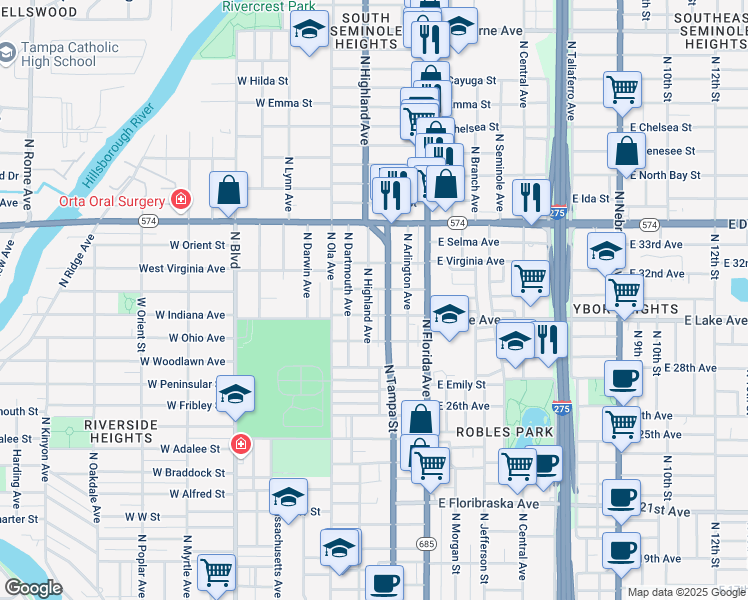 map of restaurants, bars, coffee shops, grocery stores, and more near 3701 North Tampa Street in Tampa