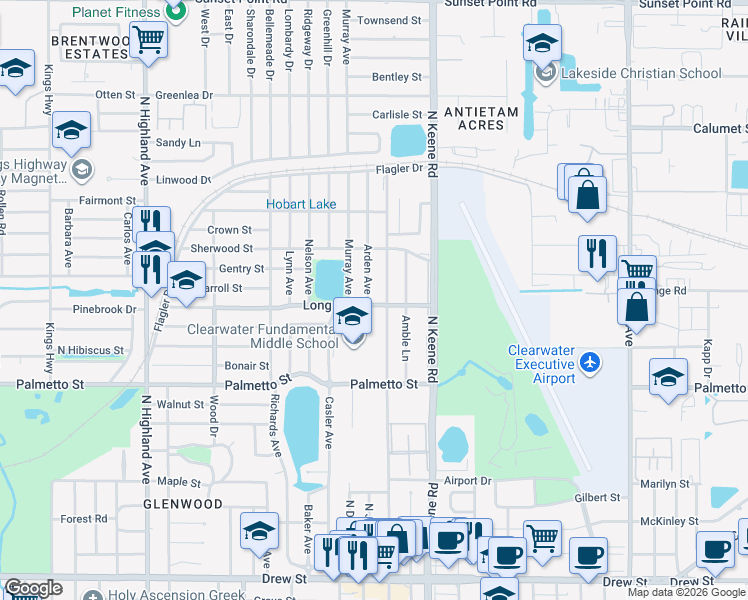 map of restaurants, bars, coffee shops, grocery stores, and more near 1733 Long Street in Clearwater
