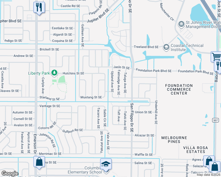 map of restaurants, bars, coffee shops, grocery stores, and more near 890 Crawford Avenue Southeast in Palm Bay