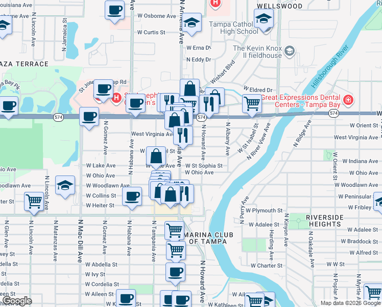 map of restaurants, bars, coffee shops, grocery stores, and more near 2309 West Saint Sophia Street in Tampa