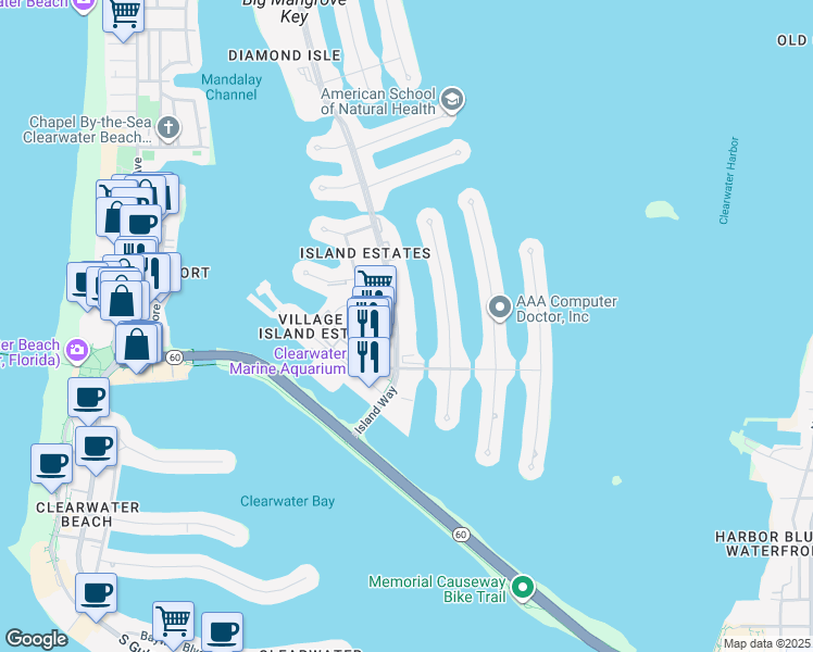 map of restaurants, bars, coffee shops, grocery stores, and more near 121 Island Way in Clearwater