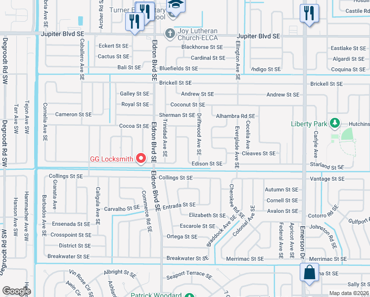map of restaurants, bars, coffee shops, grocery stores, and more near 887 Carnation Avenue Southeast in Palm Bay
