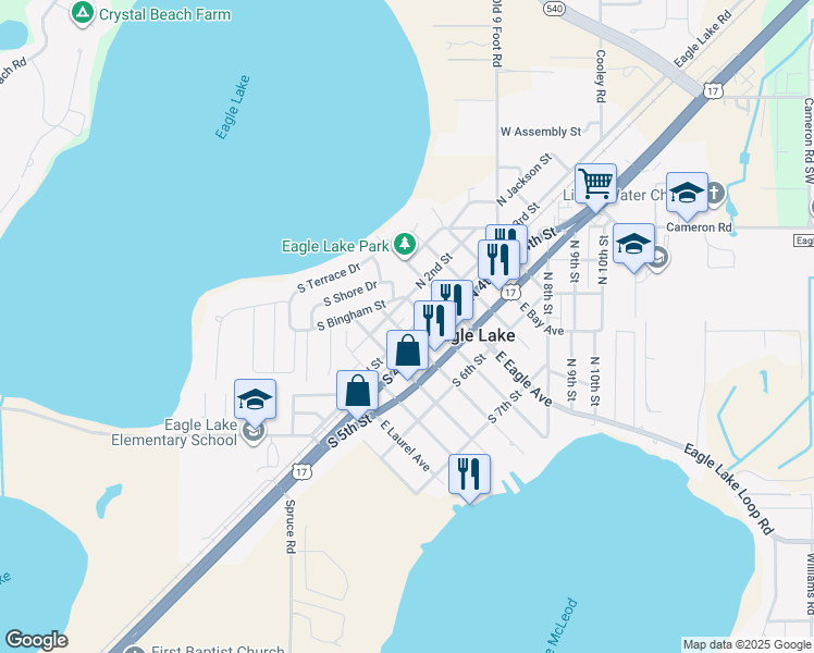map of restaurants, bars, coffee shops, grocery stores, and more near 185 North 3rd Street in Eagle Lake
