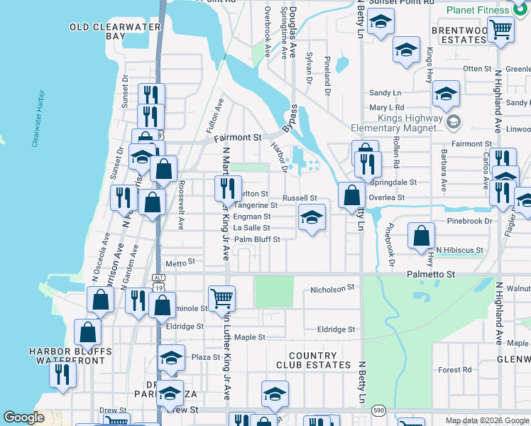 map of restaurants, bars, coffee shops, grocery stores, and more near 1138 Engman Street in Clearwater