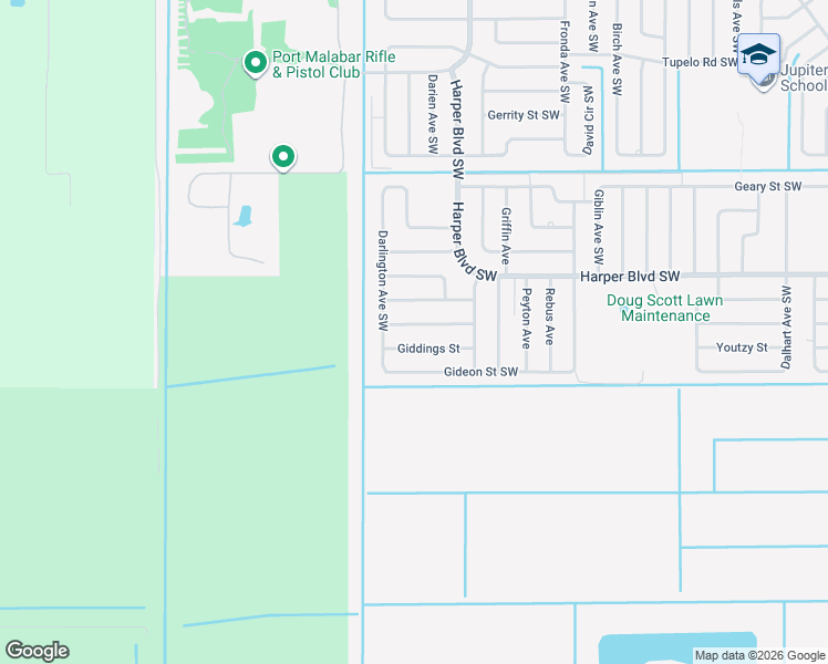map of restaurants, bars, coffee shops, grocery stores, and more near 1364 Harvard Street Southwest in Palm Bay