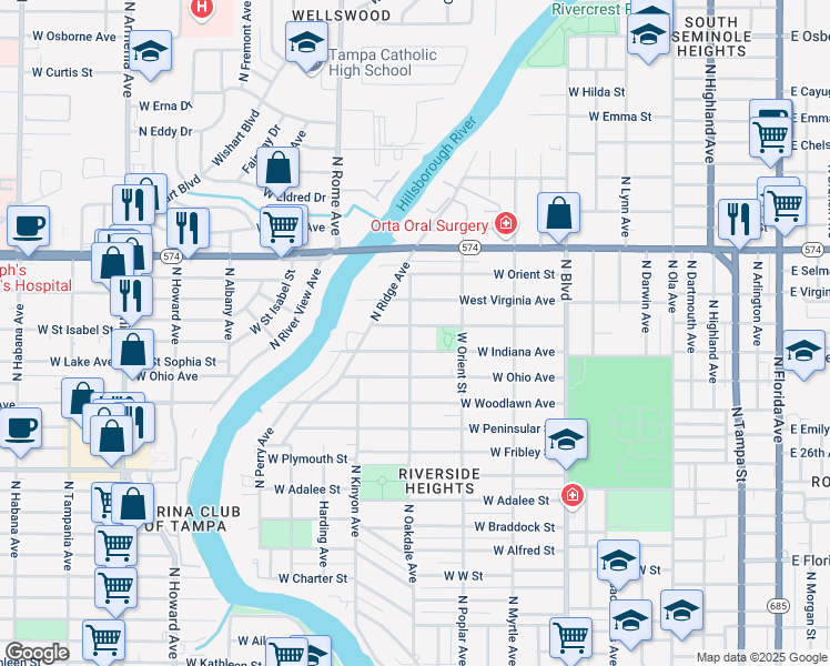 map of restaurants, bars, coffee shops, grocery stores, and more near 914 West Indiana Avenue in Tampa
