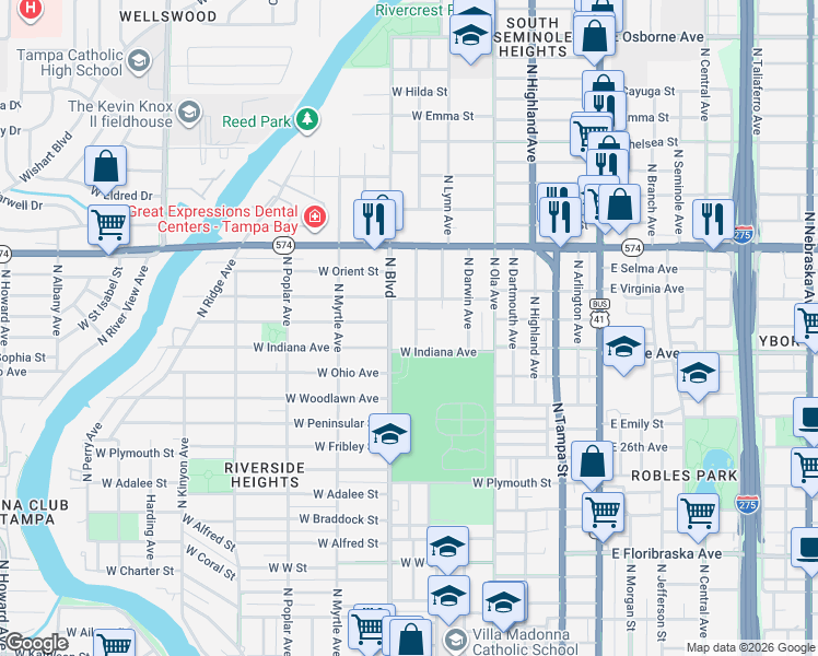 map of restaurants, bars, coffee shops, grocery stores, and more near 3702 North Clearfield Avenue in Tampa
