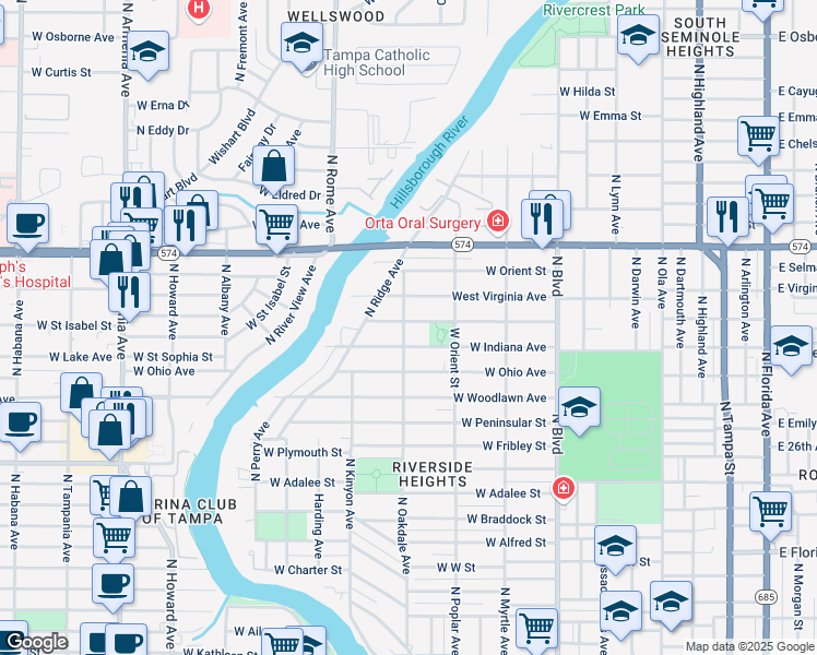 map of restaurants, bars, coffee shops, grocery stores, and more near 914 West Indiana Avenue in Tampa