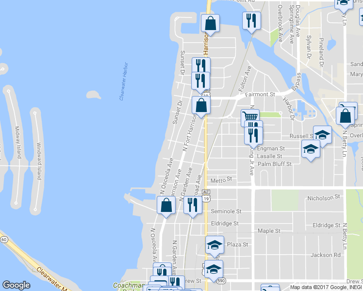 map of restaurants, bars, coffee shops, grocery stores, and more near 1204 North Fort Harrison Avenue in Clearwater