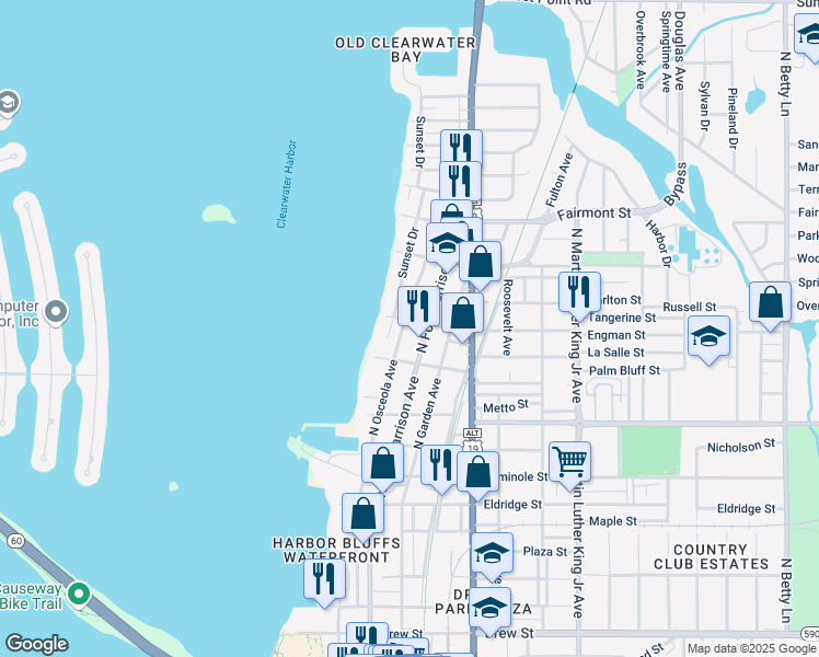 map of restaurants, bars, coffee shops, grocery stores, and more near 1204 North Fort Harrison Avenue in Clearwater