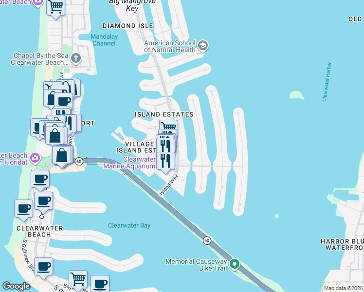 map of restaurants, bars, coffee shops, grocery stores, and more near 121 Island Way in Clearwater