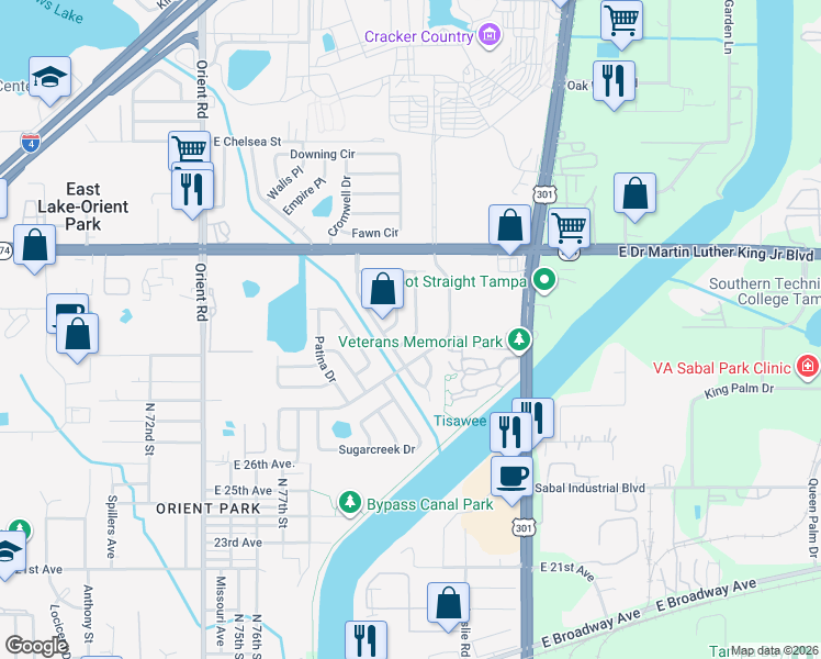 map of restaurants, bars, coffee shops, grocery stores, and more near 3712 Argon Drive in Tampa
