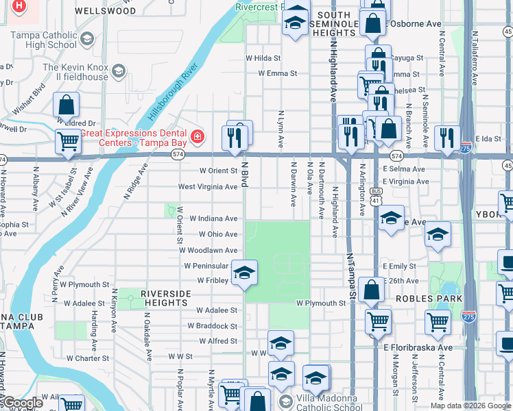 map of restaurants, bars, coffee shops, grocery stores, and more near 3702 North Clearfield Avenue in Tampa