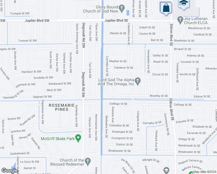 map of restaurants, bars, coffee shops, grocery stores, and more near 859 Cornelia Avenue Southeast in Palm Bay