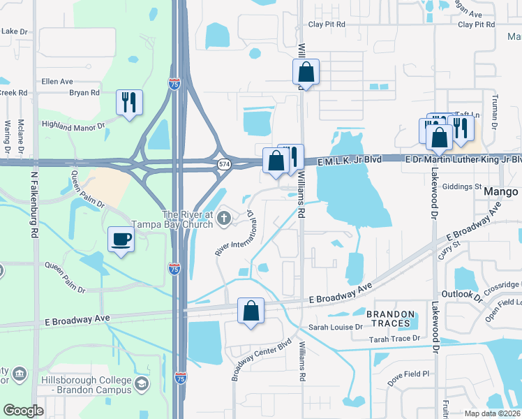 map of restaurants, bars, coffee shops, grocery stores, and more near 10806 Valley Tree Drive in Tampa