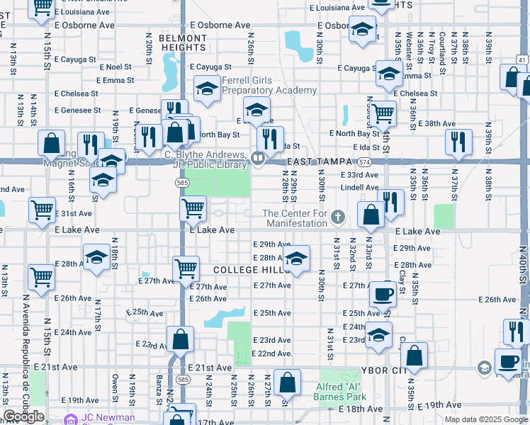 map of restaurants, bars, coffee shops, grocery stores, and more near 2614 East 32nd Avenue in Tampa