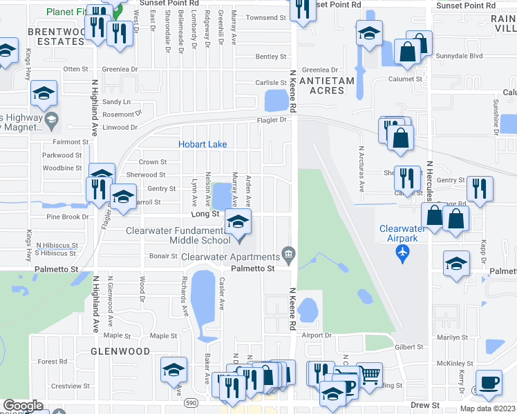 map of restaurants, bars, coffee shops, grocery stores, and more near 1224 North Saturn Avenue in Clearwater