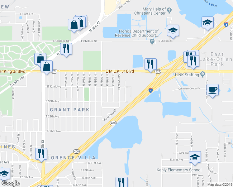 map of restaurants, bars, coffee shops, grocery stores, and more near 3803 North 58th Street in Tampa