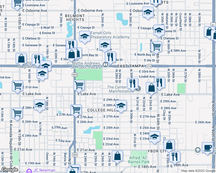 map of restaurants, bars, coffee shops, grocery stores, and more near 2614 East 32nd Avenue in Tampa