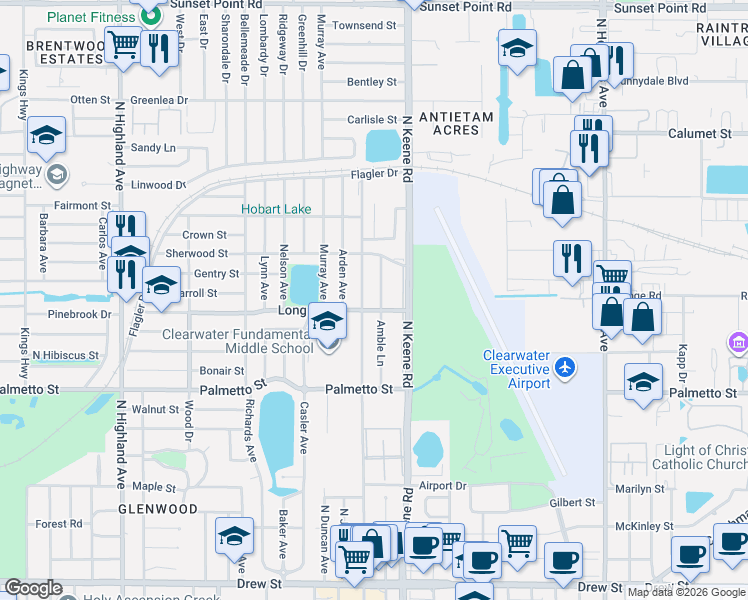 map of restaurants, bars, coffee shops, grocery stores, and more near 1309 Amble Lane in Clearwater
