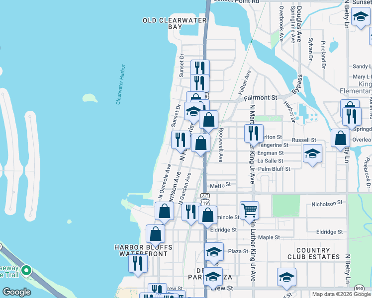 map of restaurants, bars, coffee shops, grocery stores, and more near 1309 North Fort Harrison Avenue in Clearwater