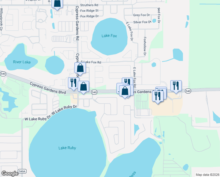 map of restaurants, bars, coffee shops, grocery stores, and more near Cypress Gardens Boulevard in Winter Haven