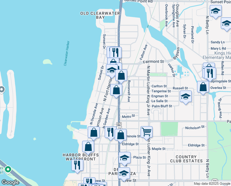 map of restaurants, bars, coffee shops, grocery stores, and more near 602 Engman Street in Clearwater