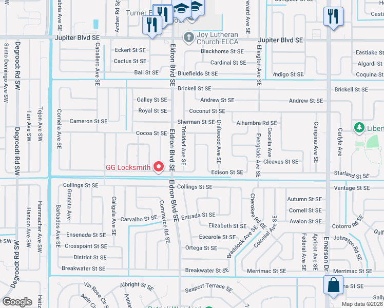 map of restaurants, bars, coffee shops, grocery stores, and more near 839 Carnation Avenue Southeast in Palm Bay
