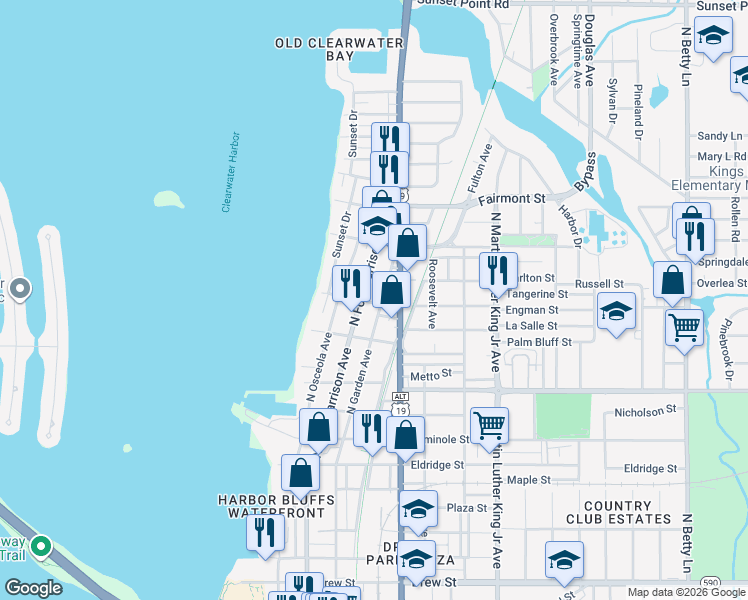 map of restaurants, bars, coffee shops, grocery stores, and more near 1309 North Fort Harrison Avenue in Clearwater