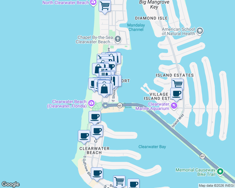 map of restaurants, bars, coffee shops, grocery stores, and more near 411 East Shore Drive in Clearwater