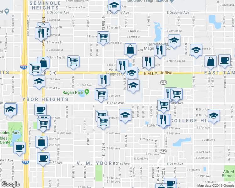 map of restaurants, bars, coffee shops, grocery stores, and more near 1515 East 32nd Avenue in Tampa