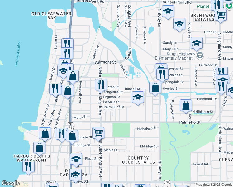 map of restaurants, bars, coffee shops, grocery stores, and more near 1308 North Madison Avenue in Clearwater