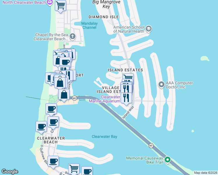 map of restaurants, bars, coffee shops, grocery stores, and more near 240 Windward Passage in Clearwater