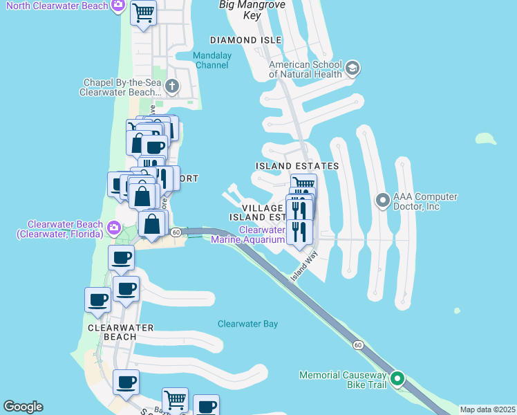 map of restaurants, bars, coffee shops, grocery stores, and more near 240 Windward Passage in Clearwater