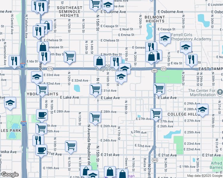 map of restaurants, bars, coffee shops, grocery stores, and more near 1515 East 32nd Avenue in Tampa