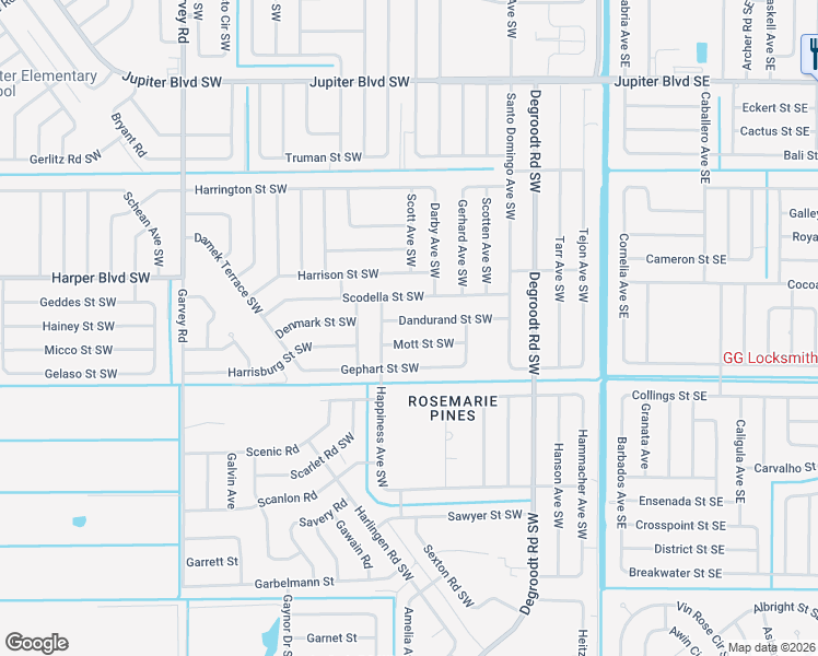 map of restaurants, bars, coffee shops, grocery stores, and more near 370 Dandurand Street Southwest in Palm Bay