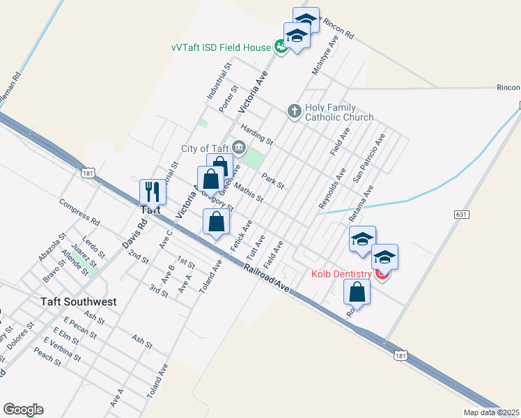 map of restaurants, bars, coffee shops, grocery stores, and more near 329 Fetick Avenue in Taft