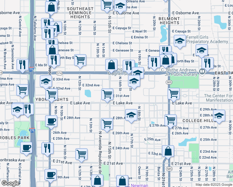 map of restaurants, bars, coffee shops, grocery stores, and more near 1515 East 32nd Avenue in Tampa