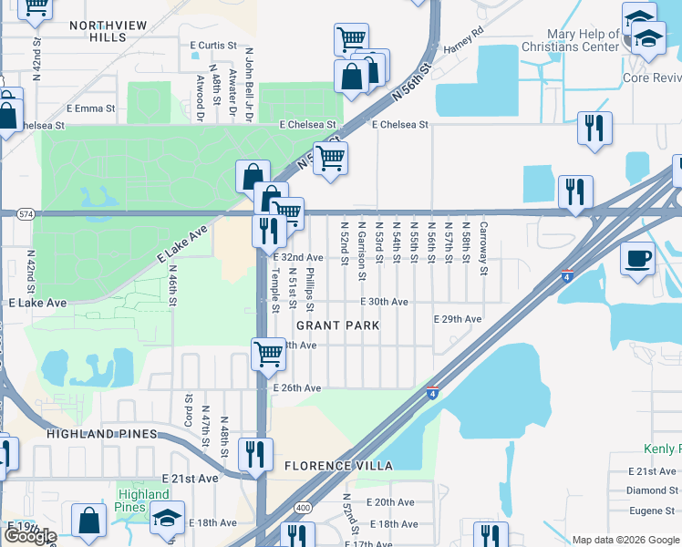 map of restaurants, bars, coffee shops, grocery stores, and more near 3724 North 52nd Street in Tampa