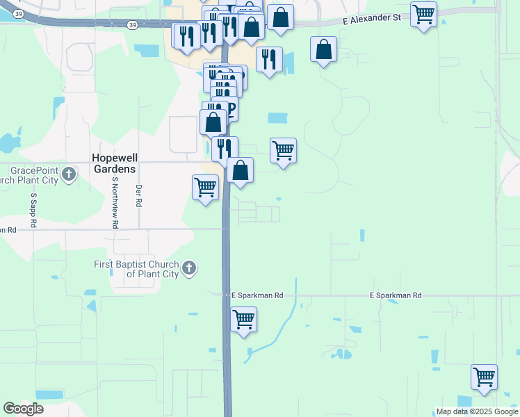 map of restaurants, bars, coffee shops, grocery stores, and more near 3012 James L Redman Parkway in Plant City