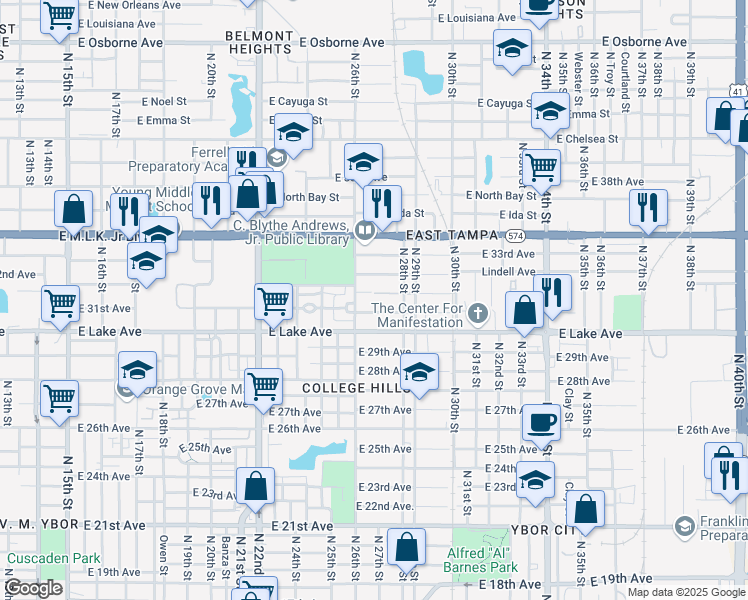 map of restaurants, bars, coffee shops, grocery stores, and more near 2614 East 32nd Avenue in Tampa