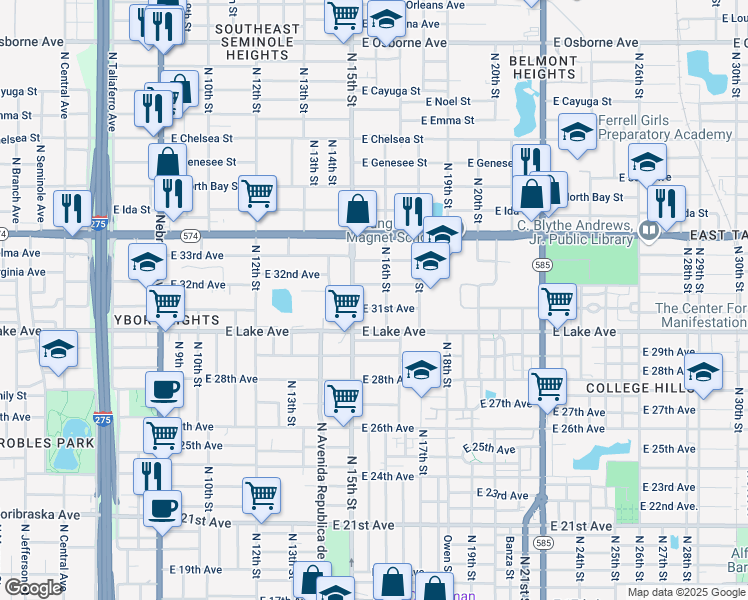 map of restaurants, bars, coffee shops, grocery stores, and more near 1515 East 32nd Avenue in Tampa