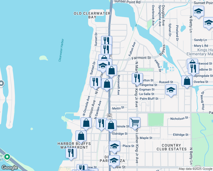 map of restaurants, bars, coffee shops, grocery stores, and more near 1309 North Fort Harrison Avenue in Clearwater