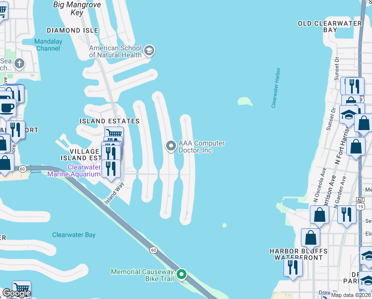 map of restaurants, bars, coffee shops, grocery stores, and more near 213 Windward Island in Clearwater