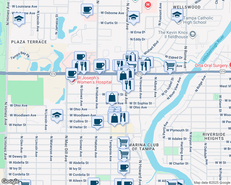 map of restaurants, bars, coffee shops, grocery stores, and more near 4227 North Tampania Avenue in Tampa