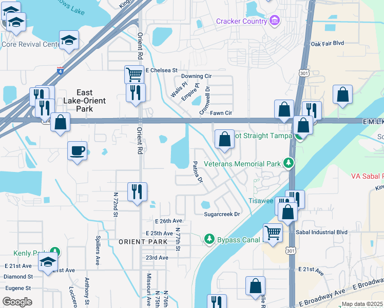 map of restaurants, bars, coffee shops, grocery stores, and more near 3718 Patina Drive in Tampa