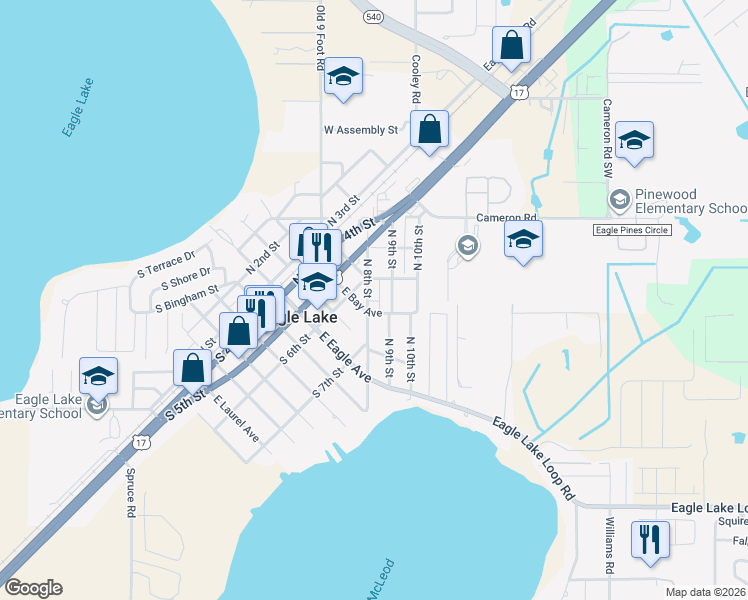 map of restaurants, bars, coffee shops, grocery stores, and more near 680 East Findley Avenue in Eagle Lake