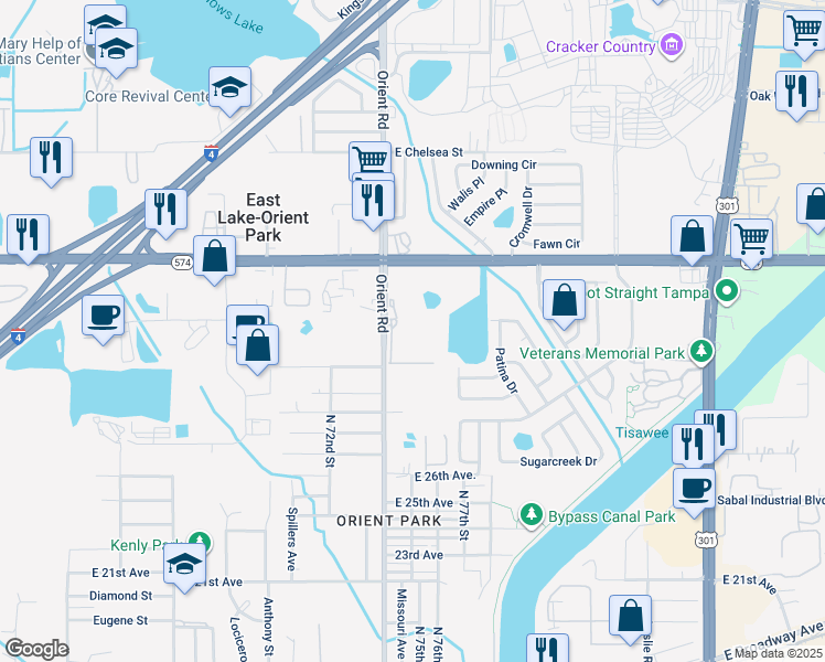 map of restaurants, bars, coffee shops, grocery stores, and more near 3709 Orient Road in Tampa