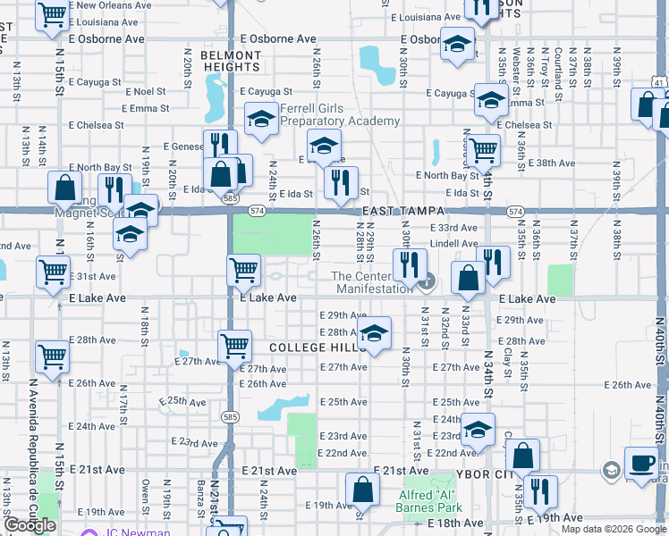 map of restaurants, bars, coffee shops, grocery stores, and more near 2617 East 32nd Avenue in Tampa